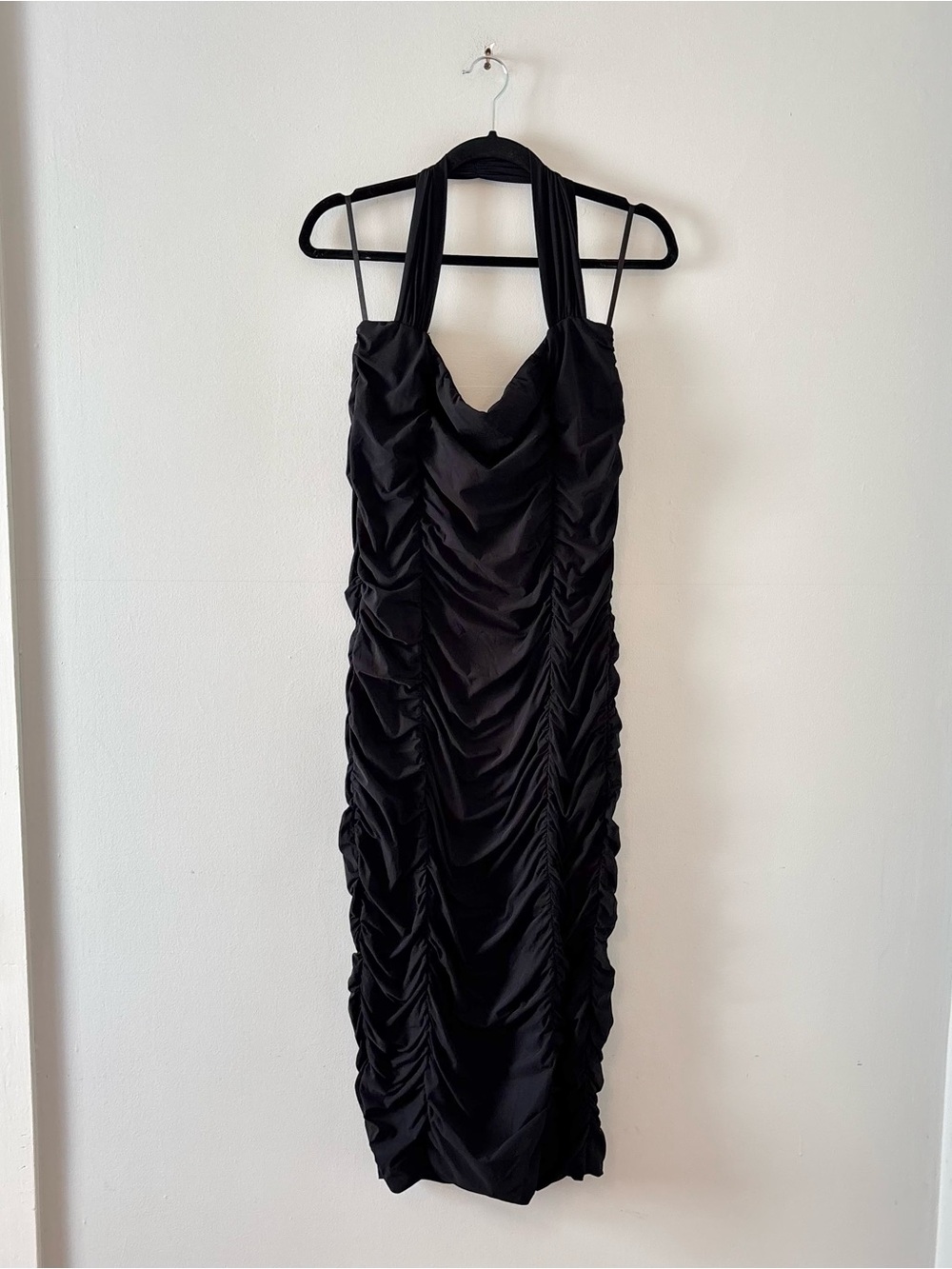 Chiara Boni La Petite Robe Ruched Halter Midi Dress Open Back Formal Black